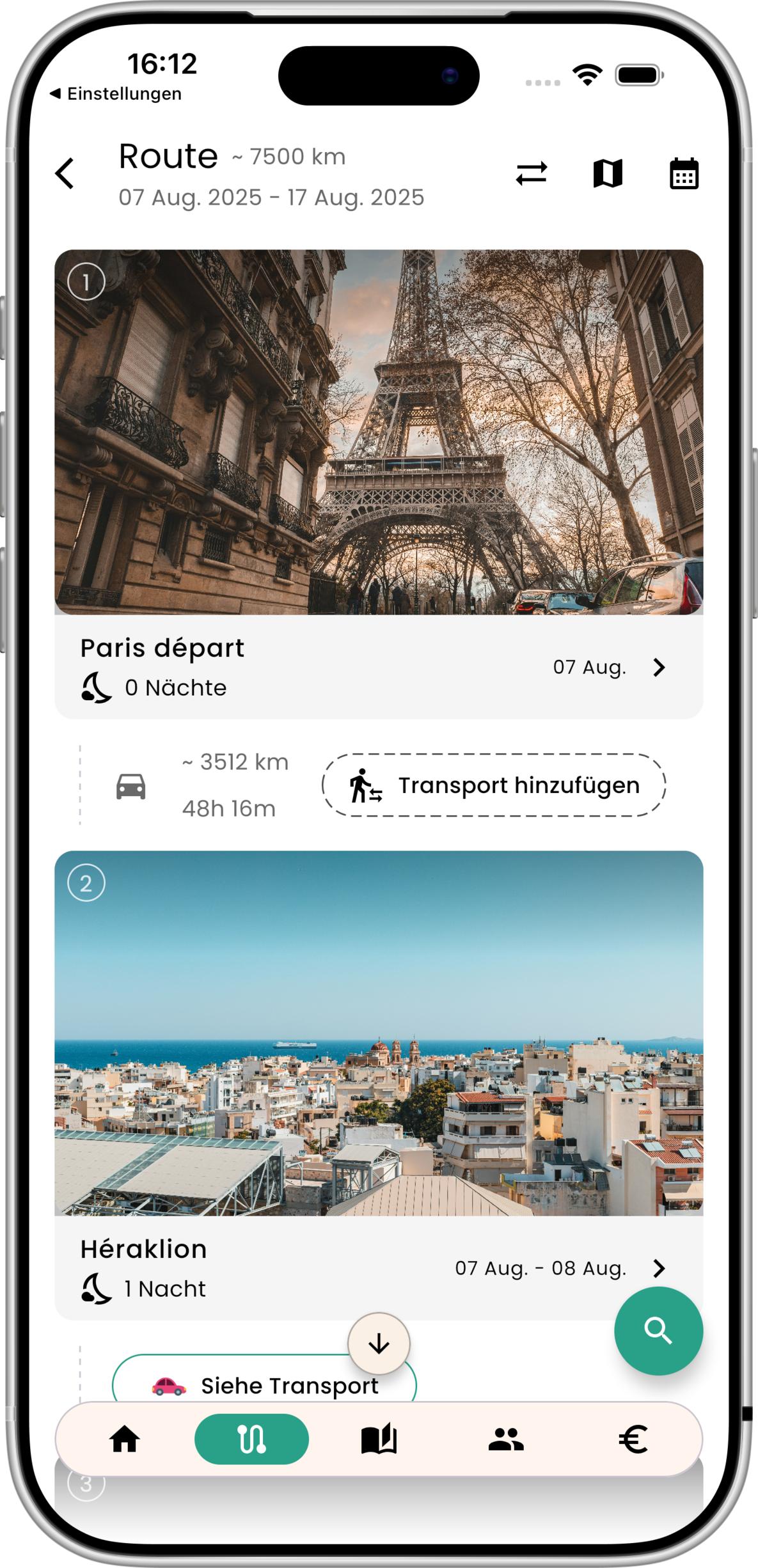 Palmier app — shared group trip itinerary on mobile