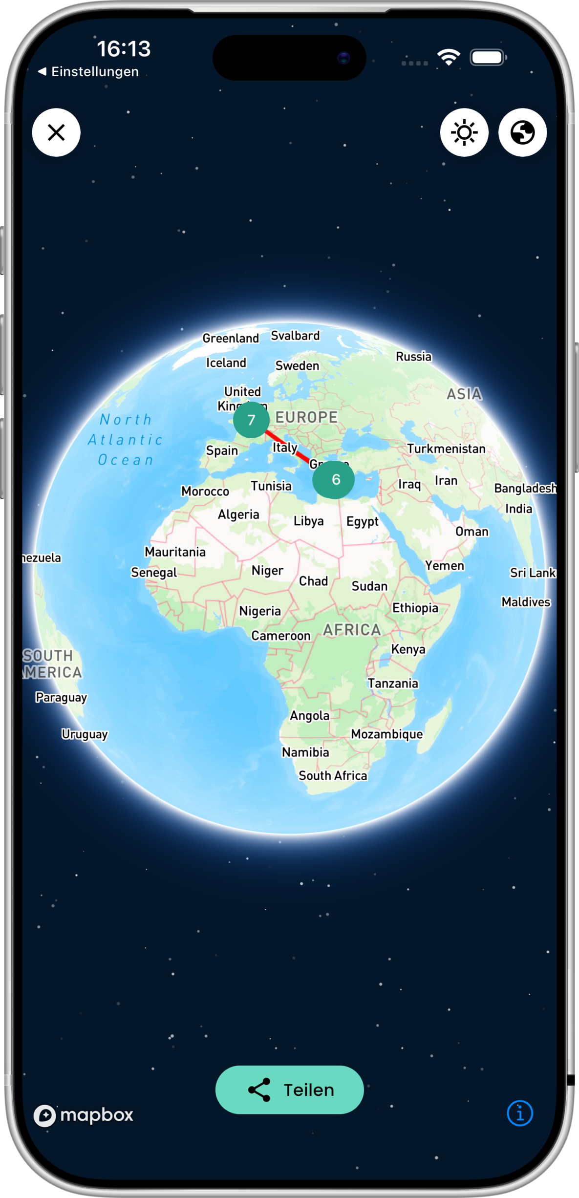 Karte und Roadtrip-Route mit Freunden in der Palmier-App geplant