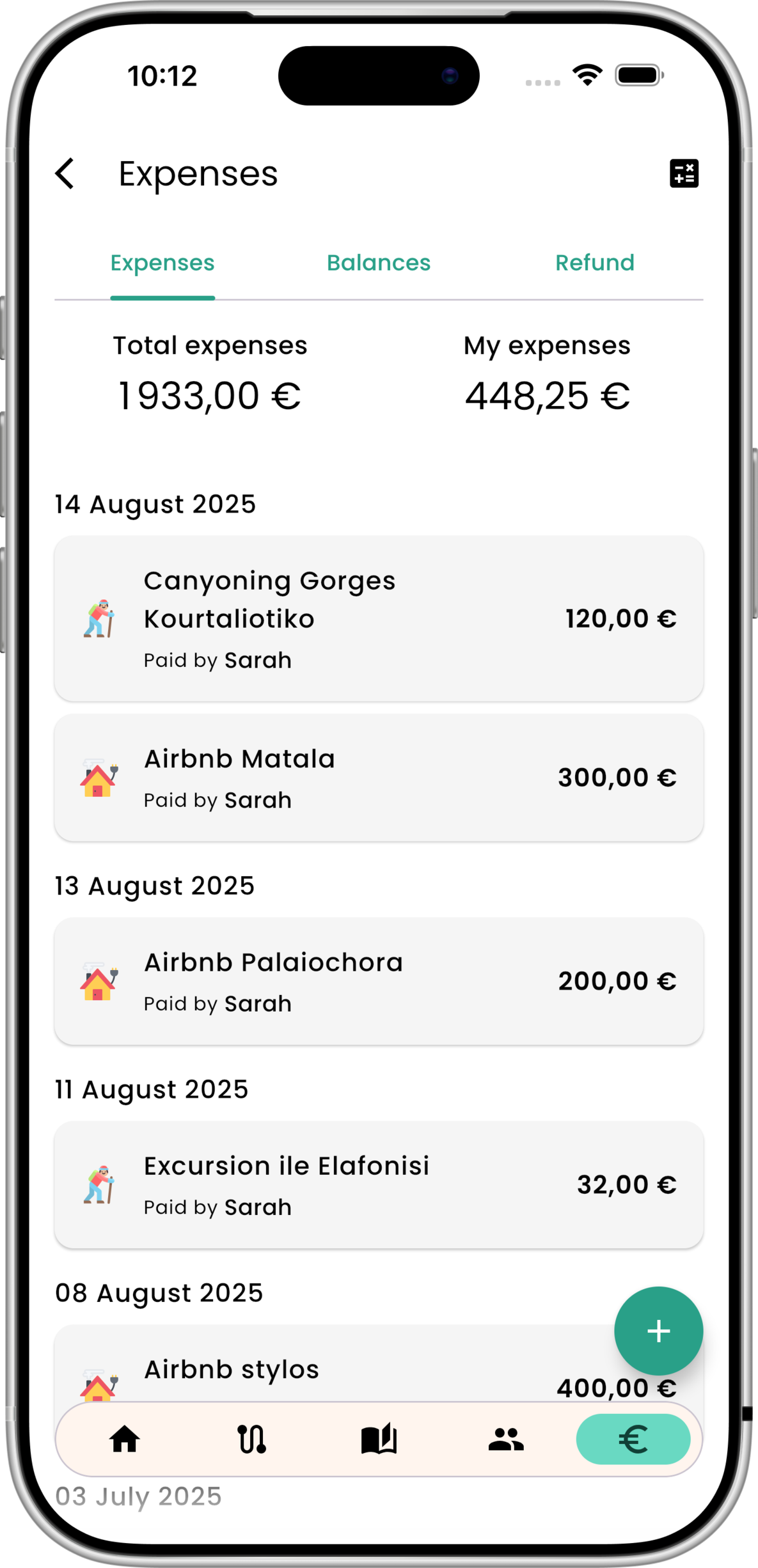 Palmier - shared expenses interface