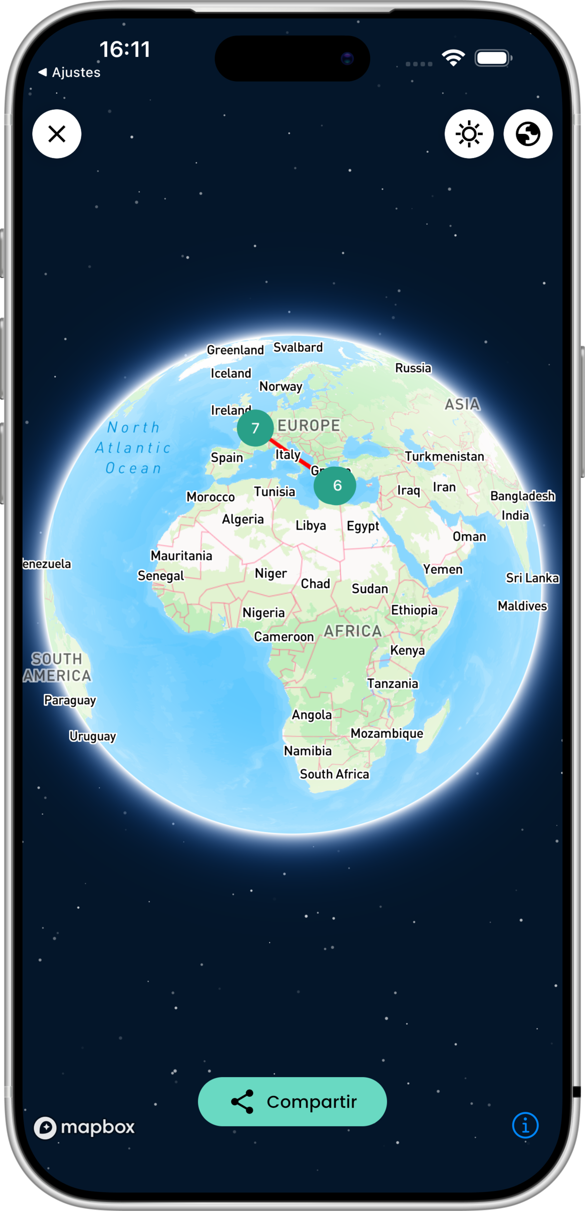 Mapa e itinerario de viaje planificado con amigos en la aplicación Palmier