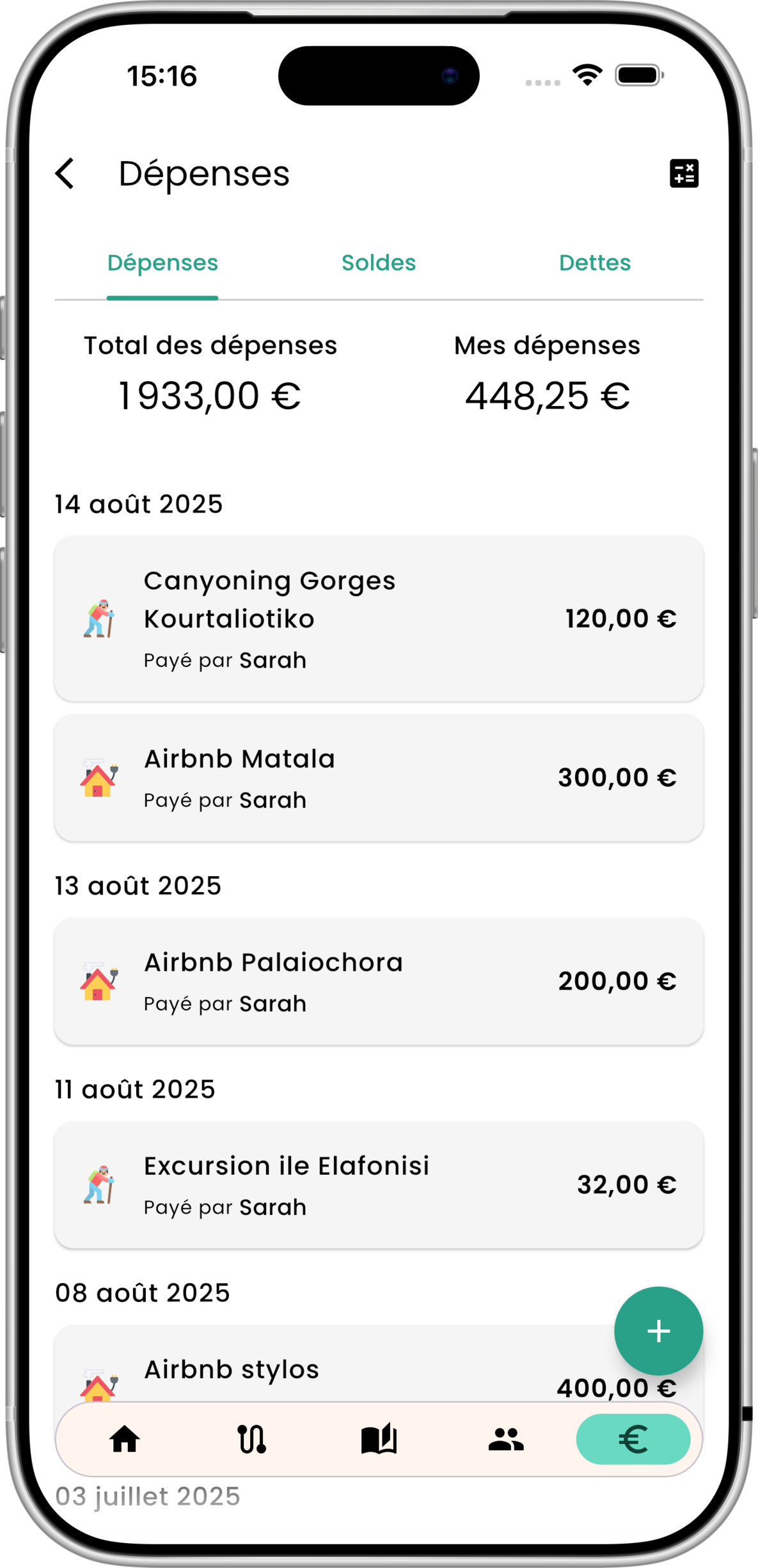 Group expense tracker - Automatic calculation of shared travel costs in Palmier