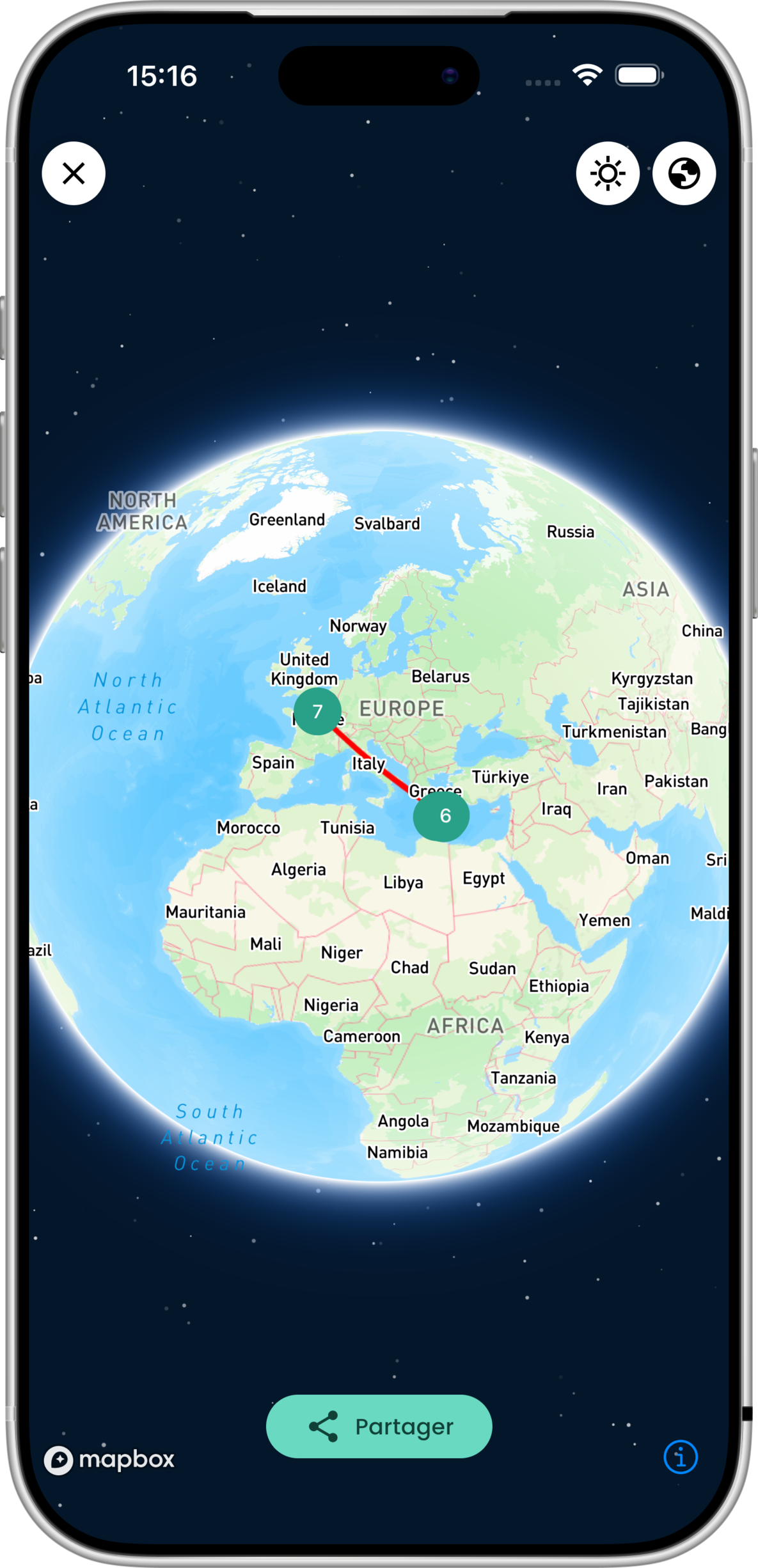 Carte et itinéraire de road trip entre amis planifiés sur l'application Palmier